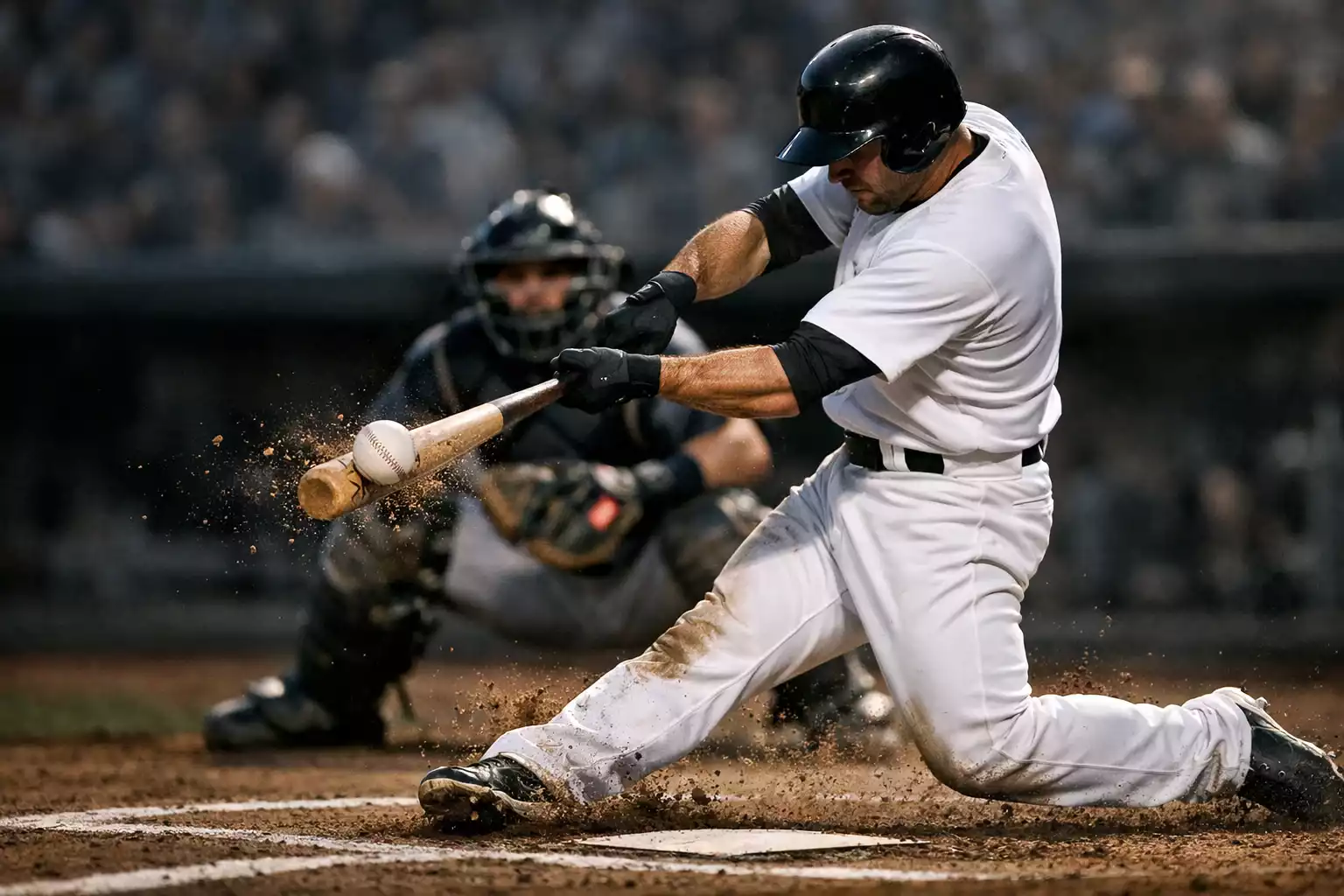 Baseball batter mid-swing during an at-bat at the plate