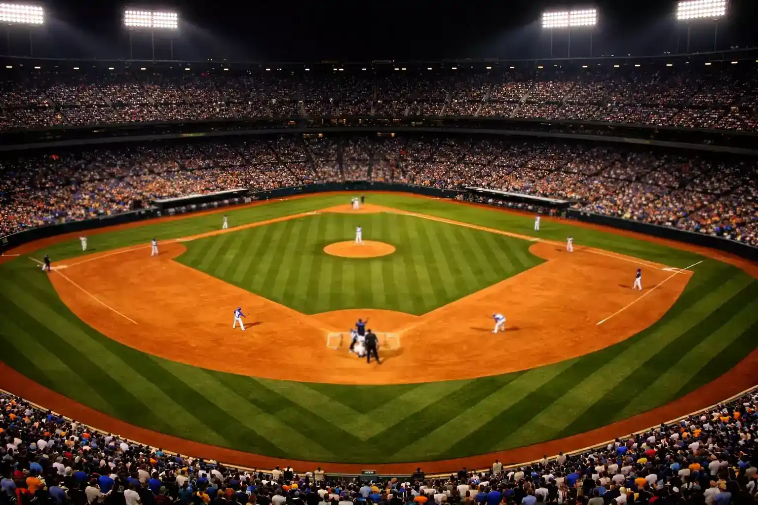 Illuminated baseball stadium at night with fans in the stands